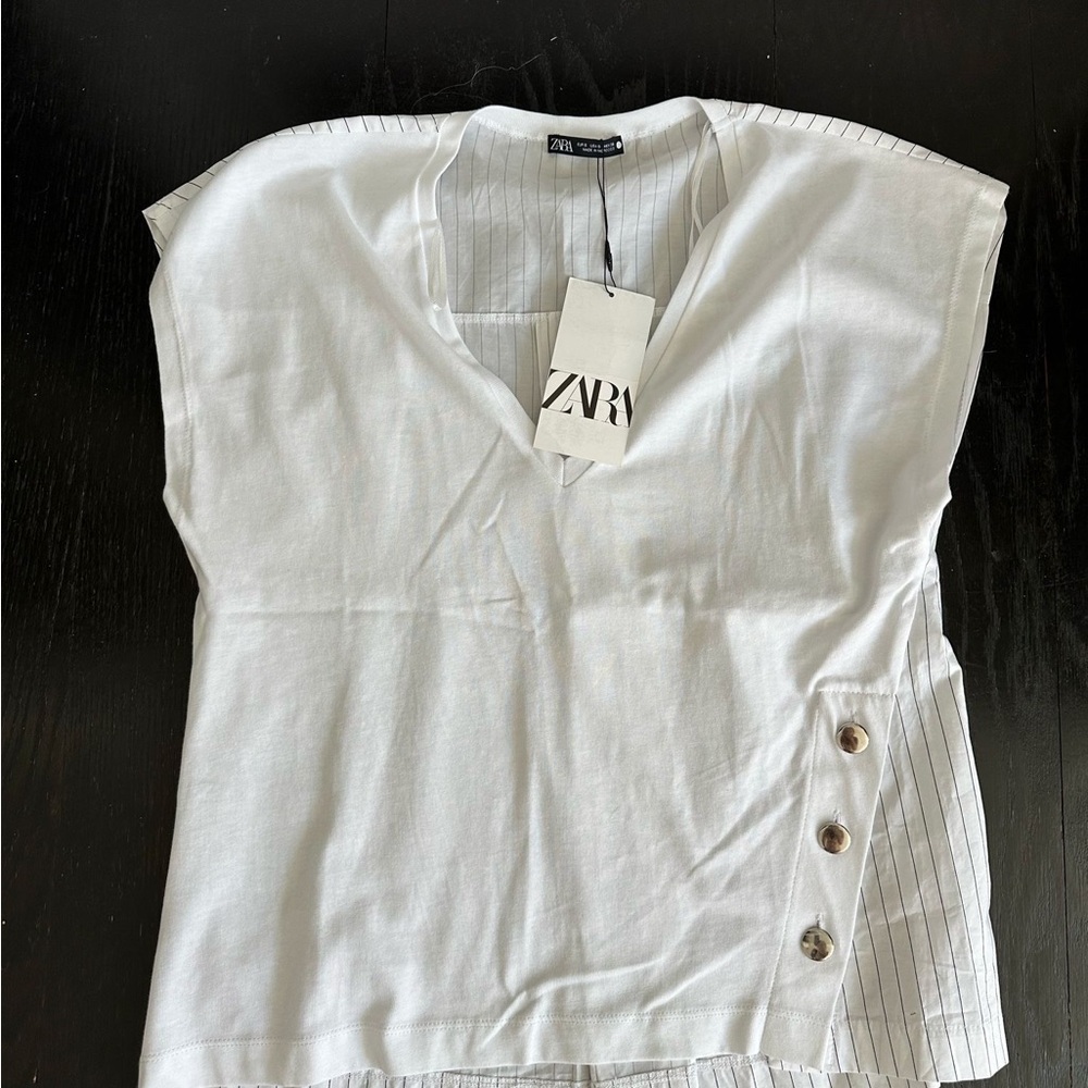 Zara White Buttoned Poplin Top Tee Shirt - Picture 2 of 3